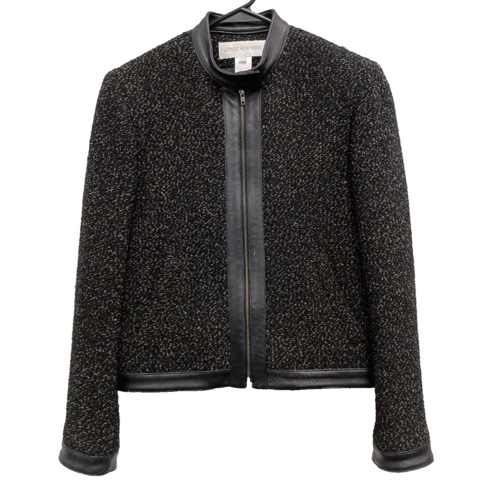Jones New York Tweed Wool Jacket Womens Sz 6 Black Leather Trim Old money Office